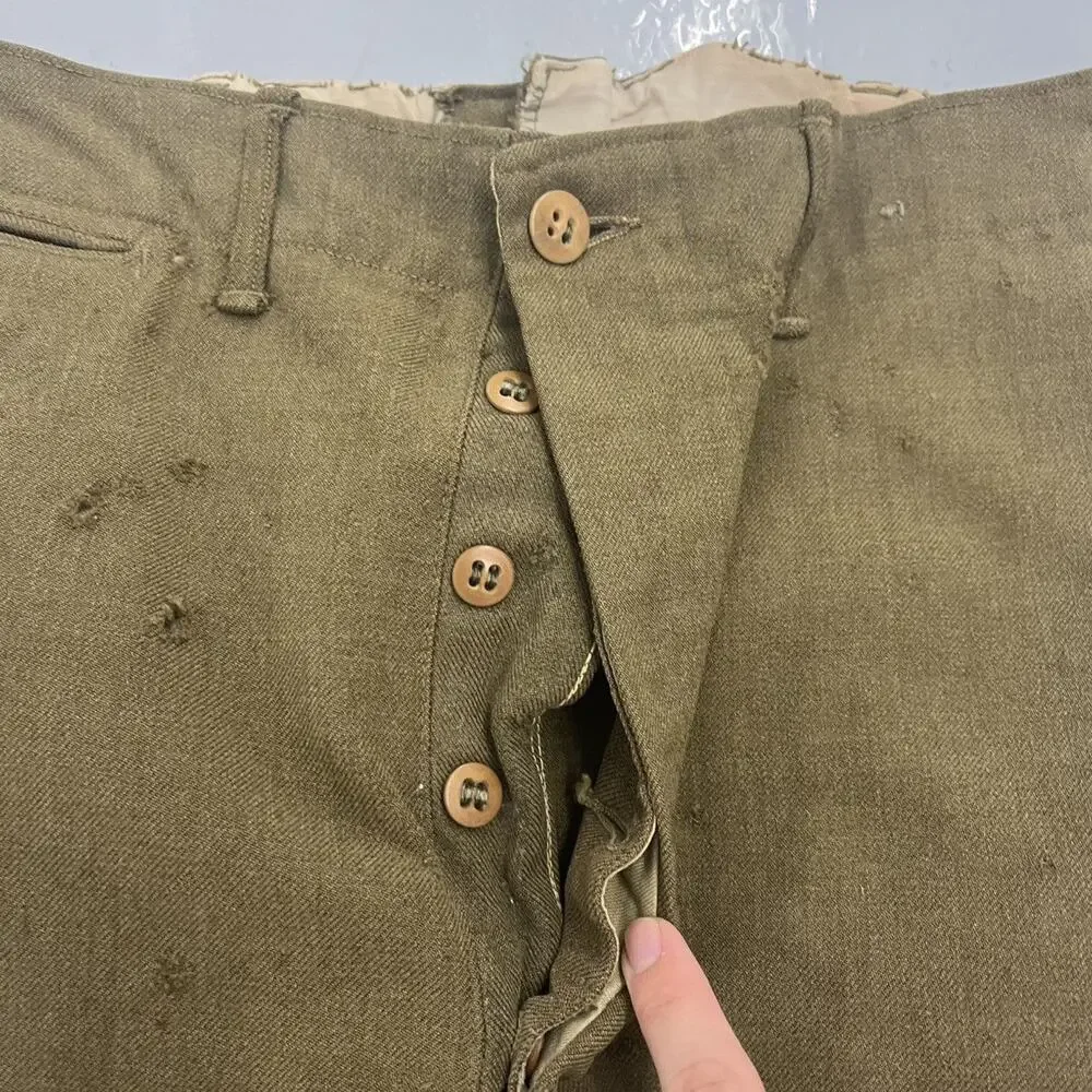 Vintage WW2 US Army Green Wool Buttonfly Trousers 29x29